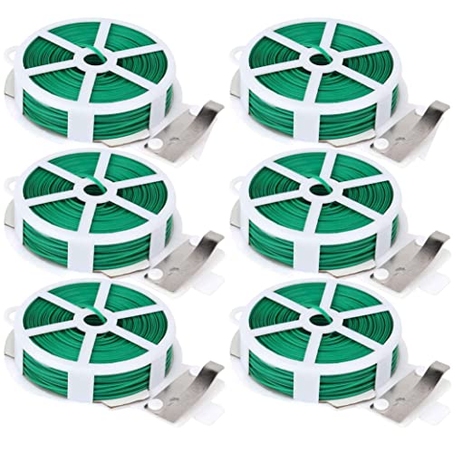 6 Pc Kitchen Bag Gardening Plant Green Twist Tie Wire Roll with Cutter 66ft Each Green Cable Garden Plant Ties Reusable Secure Tomatoes Vines Flowers Climbing Support Organization Tools Multifunction