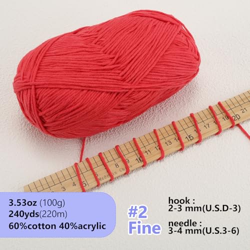 Image of LUCKY BALL Milk Cotton Yarn, 100g / 240 yd 60% Cotton 40% Acrylic #2 Fine Sport Yarn, Soft Crochet & Knitting Yarn for Amigurumi Dolls, Baby Items, Flowers, Hats, Sweaters, Blankets (Rouge)