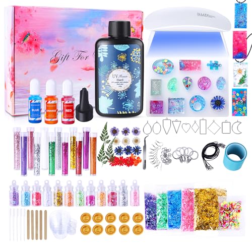 Tamkudoy UV Resin Kit with Light, Crystal Clear UV Epoxy Resin Kit with UV Lamp, UV Resin Molds Starter Tools Set for Resin Clear Necklace Bracelet Keychain Jewelry Making, Casting and Coating Craft