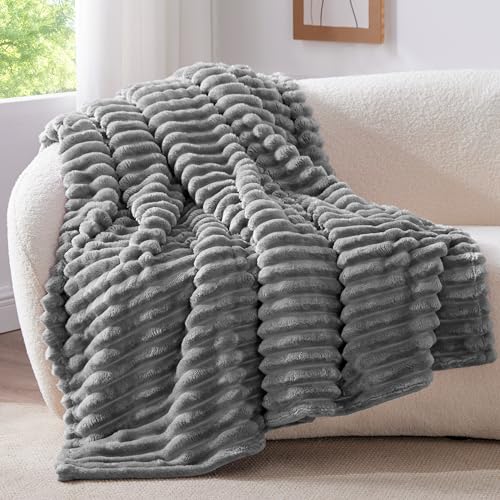 Image of BEDELITE Ribbed Twin Blanket for Couch & Bed, Grey, 60 inchx80 inch
