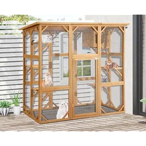 QUYZE Large Catio Outdoor Cat Enclosure Cat House Indoor Catio Cat Play Run Enclosures Outside with Platforms Waterproof Roof Super Large Enter Door, Balcony Large Exercise Place Ideal (Natural) Cover