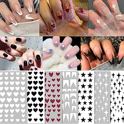 Heart Star Nail Art Stickers Black White French Tips Nail Decals Valentine's Day Nail Art Supplies 3D Nail Designs For Acrylic Nails Supply For Women Nail Decorations Charms Designer Nail Art Accessories (9 Sheets) #TOP1