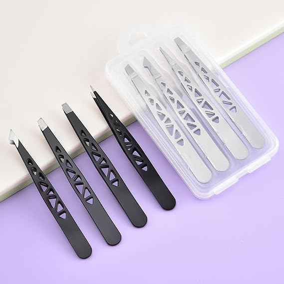 Paslanmaz Çelik Kaş Cımbızı Seti, Siyah, 4'lü Set, Eğik ve Sivri Uçlu, 13 cm