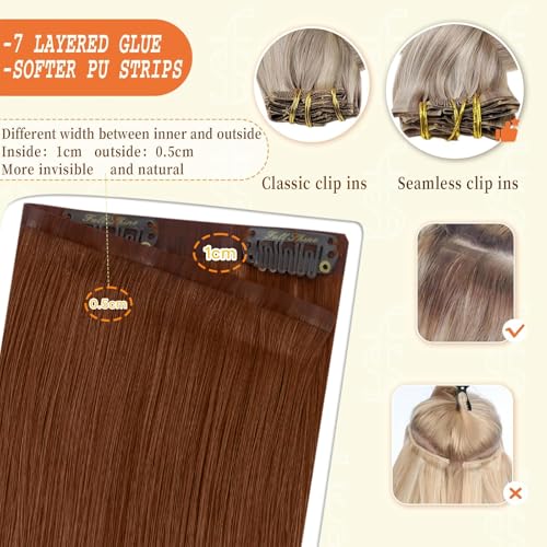 Image of Full Shine Copper Clip in Hair Extensions Real Human Hair, 22 Inch | Seamless Hair Extensions Clip Ins, Long Straight with Invisible PU Weft for Women, Add Volume, Lightweight, 8 Pcs 120g