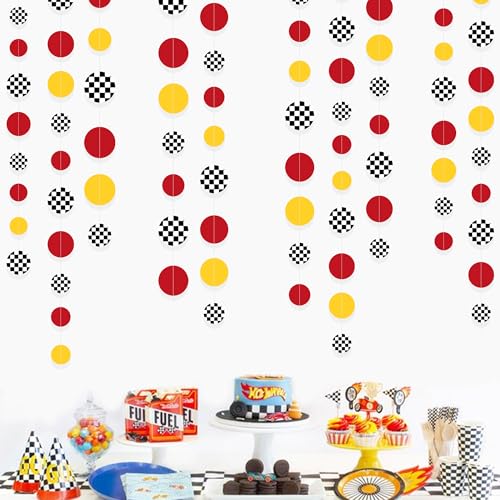 Image of Racing Car Party Decorations Yellow Red Circle Dot with Checkered Printed Polka Dots Garland Streamer for Race Fans Birthday Wedding Shower Let's Go Racing Party Decor Supplies