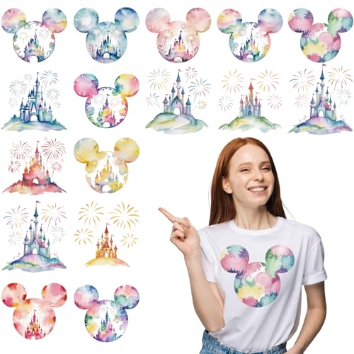 Raxfly 16Pcs Watercolor Mouse Head DTF Transfers Ready to Press Cartoon Castle Iron on Transfers Washable Stickers Patches Mouse Vinyl Heat Transfer Decals for T Shirts Hoodie Pillows Bags DIY Craft
