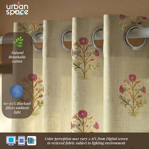 Image of Urban Space 100% Cotton Curtains with Gold Foil Print | Upto 60% Light Blocking Window Curtain 5 feet I Set of 2 Decorative Curtains with Eyelets and Tieback Included (Zari Mohar Pink Gold - 5 feet)