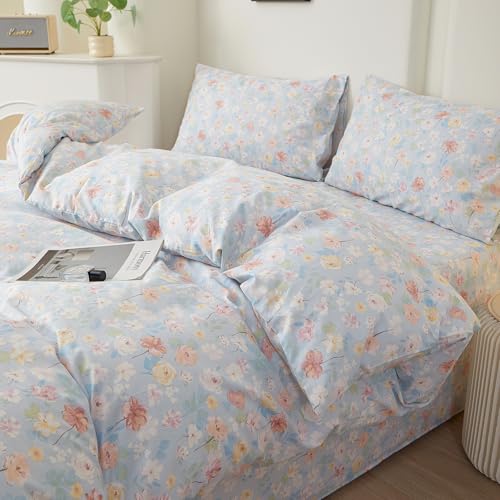 Image of LifeTB Vintage Blue Floral Full Size Comforter Set Cottagecore Bedding Set | Aesthetic Floral Botanical Flowers Comforter for All Season Soft Lightweight Bedding Comforter with 2 Pillowcases