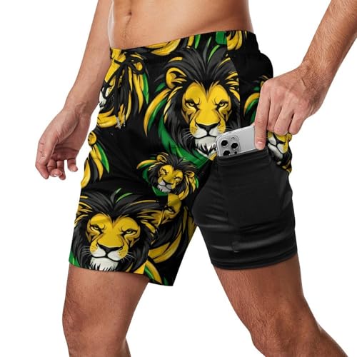 Jamaican Flag Lion Mens Swim Trunks with Quick-Drying Lining Beach Shorts for Outdoor Sports2