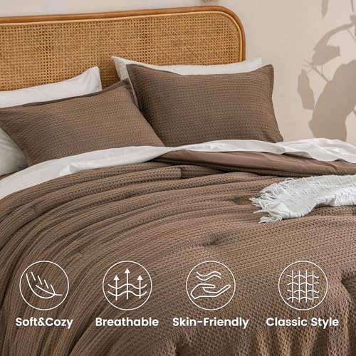 Image of PHF Soft Waffle Comforter Set Twin Size- Comfy Breathable Waffle Weave Comforter with 1 Pillow Shams, 2 Pieces Less Snagging Lightweight Textured Bedding Set for All Season, Cocoa Brown