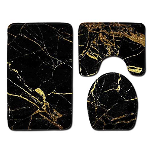CNNINHAO rutschfeste 3 Teilig Badteppich Set, Badezimmer Teppich U-förmigen Contour Matte und WC Vorleger Badematte Soft Waschbar Badvorleger (45 x 75cm,schwarzes Gold)