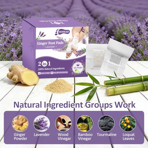 Image of Lavender Foot Pads with Ginger, 2 in 1 Design Bamboo Vinegar Foot Patches, Premium Overnight Herbal Foot Patches for Tired Feet, Better Sleep& Fresh-Feeling Feet, 60 Count