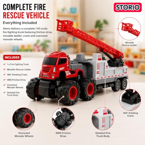 Image of Storio 1:43 4WD Fire Fighting Truck Toy | Friction Powered Engineering Vehicle for Kids | Miniature Fire Truck with Movable Ladder, Crane & Monster Wheels | Durable Car Toy