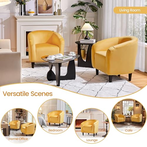 Image of Yaheetech Velvet Accent Chairs, Compact Furry Barrel Chairs with a Curved Silhouette for Small Spaces, Living Room, Bedroom, Yellow