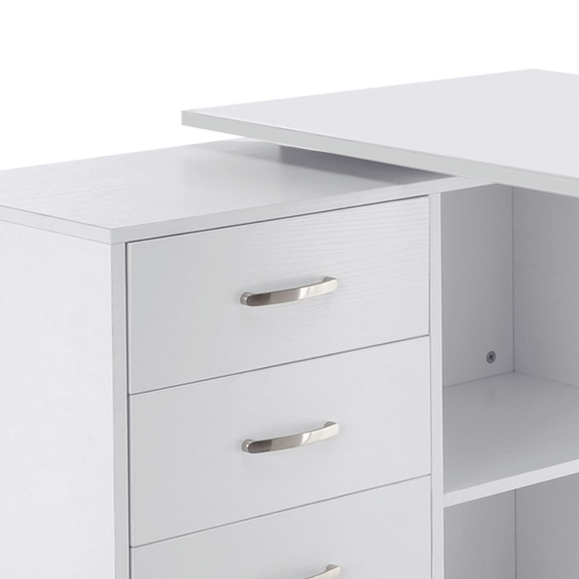 HOMCOM Mesa de Ordenador Escritorio Mesa Esquinera Oficina 2 Formas con 2 Estantes 3 Cajones Mesa de Despacho Escuela Estudio Madera Blanco