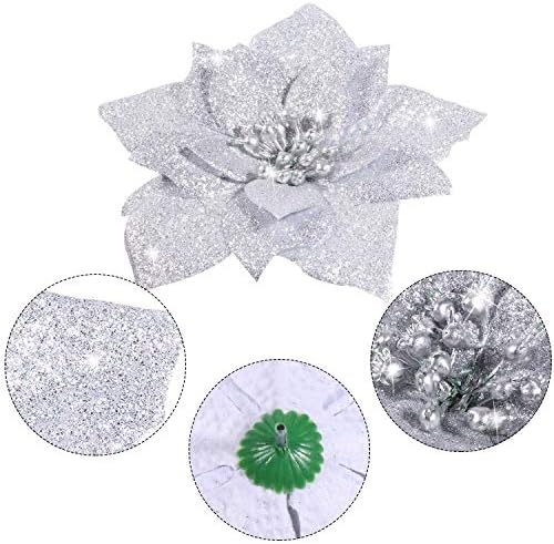 Boao 24 Pieces Glitter Poinsettia Artificial Christmas Flowers Poinsettia Decorations Wedding Christmas Tree Ornaments, 3/4/6 Inches (Silver)