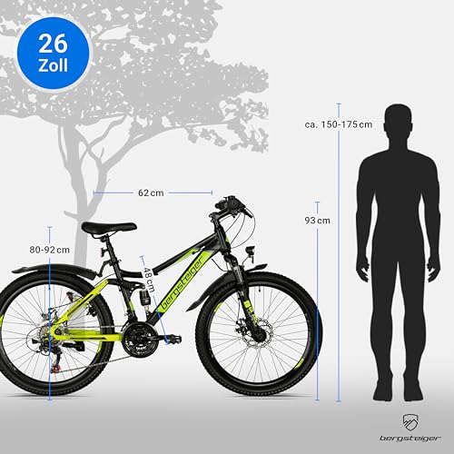 Bergsteiger Broome 24, 26 Zoll Kinderfahrrad, 21 Gang-Schaltung, StVZO, Mountainbike mit Vollfederung, Scheibenbremsen & Dynamo-Licht, geeignet für 8, 9, 10, 11, 12, 13 Jahre, Jungen & Mädchen – Bild 7