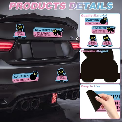 Image of 4Pcs Black Cat New Driver Car Magnet Sticker Safety Sign, Cute Shivering Cat Student Driver Sign for Car Bumper, Funny Cartoon Nervous Caution Reusable Supplies