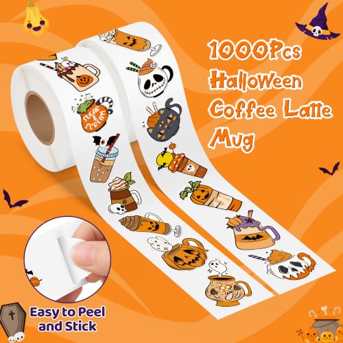 Image of Halloween Coffee Sticker Rolls, 1000Pcs Pumpkin Coffee Latte Mug