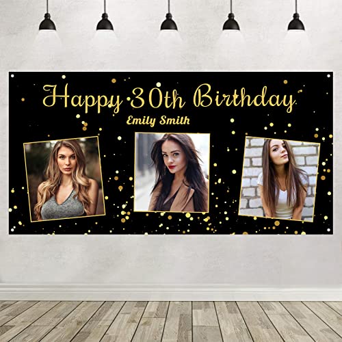 Cartel de fondo personalizado de feliz cumpleaños, decoración de fiesta, cualquier nombre de fotografía fotográfica y edad, cartel de cumpleaños personalizado para mujeres, niñas y niños