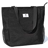 ESVAN Original Floral Water Resistant Large Tote Bag Shoulder Bag for Gym Beach Travel Daily Bags Upgraded ([S] Black)