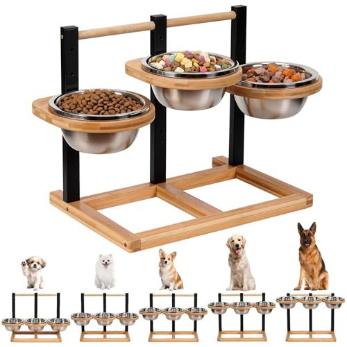 Erhöhter Futternapf für Hunde, 3 x 1400ml Edelstahlschüssel, 5 x Höhenverstellbar Hundenapf, Holz...