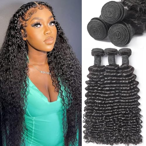 12A Human Hair Bundles 20 22 24 Inch Curly Bundles Human Hair Deep Wave Bundles Deals Wet and Wavy Quick Weave Real Hair Extensions For Women Natural Black