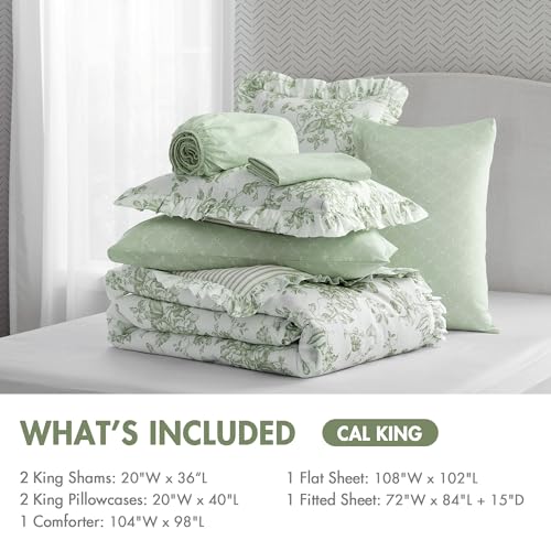 Image of Madison Park Essentials Adele Green Floral Cal King Size Comforter Set - Vintage Bed in a Bag with Sheets, Reversible Ruffle Bedding, Elegant Gift for Her