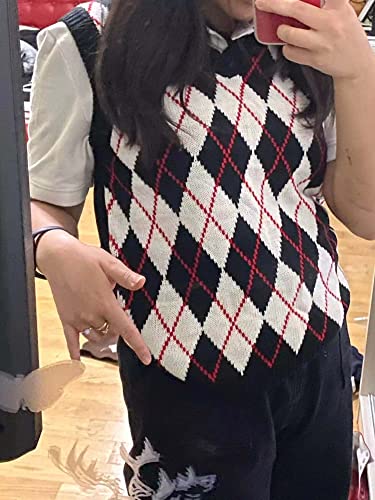 Image of Sweater Vest Women,Sleeveless V Neck Argyle Plaid Long Preppy Loose Knitted Casual School Sweaters Tank Top