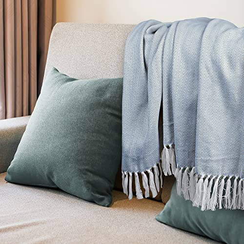 Urban Villa Throw Blanket With Fringes For Couch Bed Made Of 100% Cotton 50"X60"- Blue/White #TOP2
