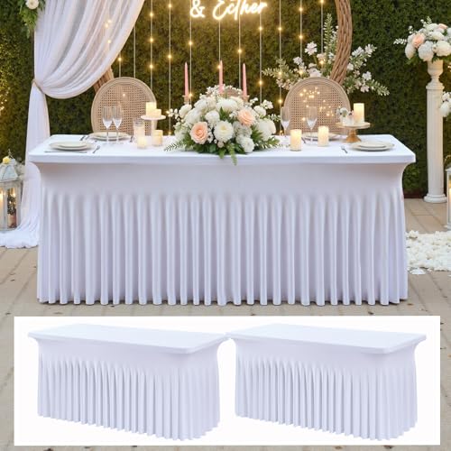 Image of 2 pk White Spandex Tablecloth 4ft with Ruffle Table Skirt, Wrinkle Free High Stretch Fitted Tablecloths for 6 Foot Rectangle Tables, Elastic Spandex Table Covers 6ft for Parties Weddings Banquet