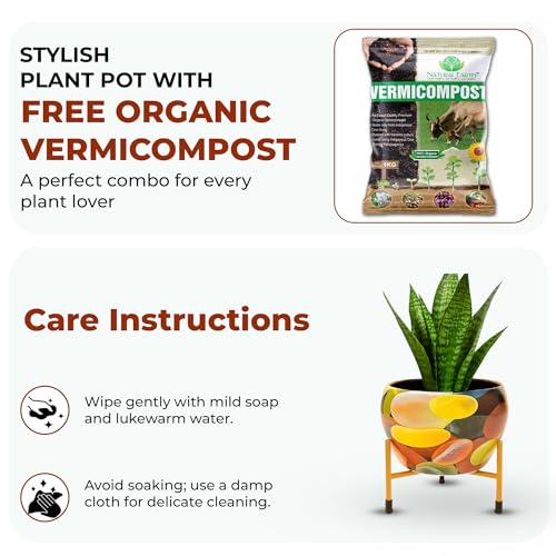 Image of Natural Earth Metal Flower Vase Planter Pot with Iron Stand | Decorative Plant Cachepot for Indoor & Outdoor Use | Succulent Pot for Home & Garden Decor (Abstract Graphic)