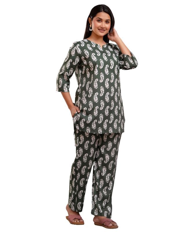 Image of Pure Cotton Printed Night Suit Set | Top Pyjama Set for Women | Night Dress of Kurta Pyjama Set for Women | Kurta Top Set