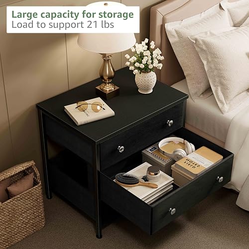 BOLUO Black Nightstand with Fabric Drawers, Large Night Stand 3 Drawer Dresser for Bedroom, Closet, Kids, Girls Modern - Thumbnail 4