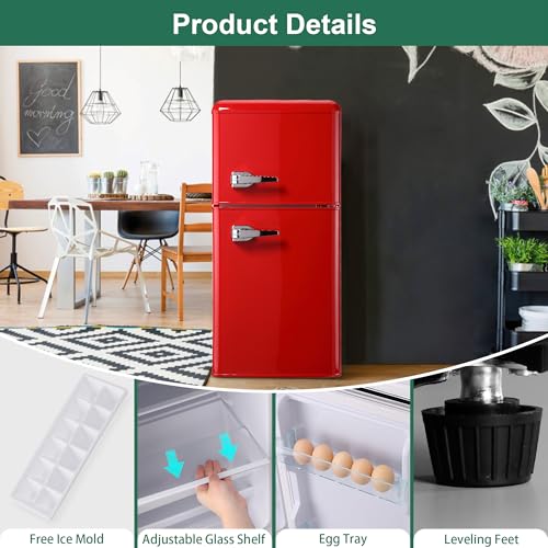 BINMIT Retro Mini Fridge with Freezer 4.0 Cu. Ft, Small Refrigerator with 7 Level Adjustable Thermostat, Compact Classic Dual Door Fridge Removable Glass Shelves for Apartments, Dorm, Office, Red by BINMIT - Image 6