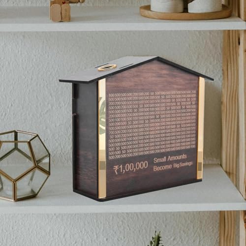 Image of Wooden Savings Bank Money Box - House-Shaped Piggy Bank with Multiple Slots - ₹1,00,000 Goal Tracker - Smart Coin & Cash Saving Box for Kids & Adults - Secure & Stylish Money Saving Organizer