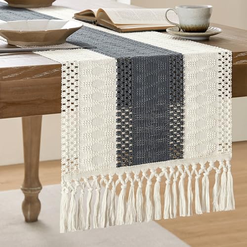 Image of ZeeMart Macrame Style Bicolor Stitching Table Runner, 14 x 60 Inch Charcoal /Ivory, Boho Dark Grey Table Runners 60 Inches Long, Farmhouse Woven Home Decor