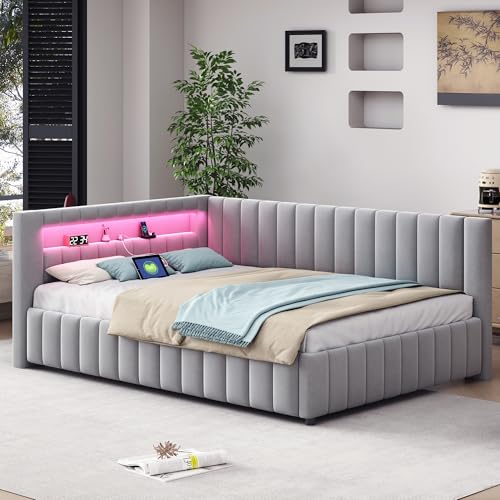 EINHOM Polsterbett Schlafsofa 140x200 cm, Tagesbett mit LED-Licht und USB-Ladeanschluss, Jugendbett mit Rückenlehne, Kopfteil und Bettrahmen, Samtstoff, Ohne Matratze (Hellgrau)