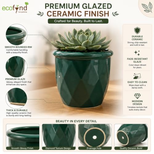 Image of ecofynd 4 Inch Ceramic Plant Pots with Drainage Hole, Modern Decorative Clay Flower Pots for Indoor Plants, Home Garden Decor for Living Room, Bedroom & Interior Spaces (Pack of 2, CPOT043-DGN)