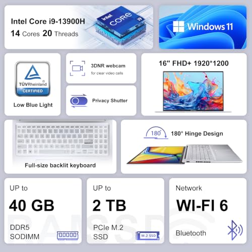 Image of ASUS Vivobook 16 Laptop, 16 inch FHD, Intel Core i9-13900H, 16GB RAM, 1TB SSD | Physical Webcam Shield, Backlit Keyboard & Numeric Keypad, Windows 11 Pro, Silver, w / PCO Cooler for Sustained Multitasking