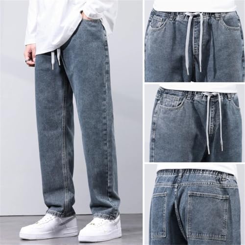 Men Baggy Pants Light Blue Wide Leg Elastic Waist Casual Denim Pants Male Long Trousres2