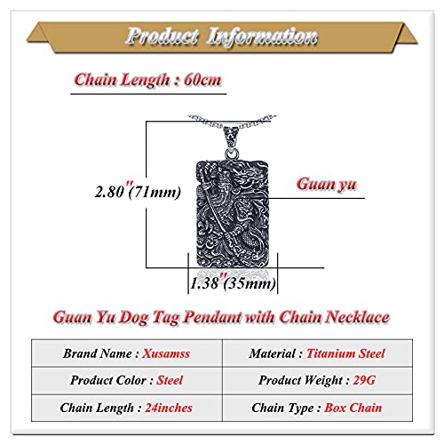 Xusamss Punk Rock Titanium Steel Warrior Guan Yu Dog Tag Pendant Necklace,24inches Box Chain2