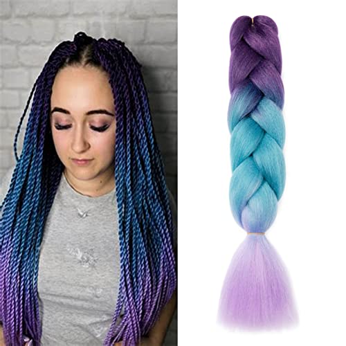 Gairyan Braiding Hair Extensions for Braiding 1 Bundle 100g 24" Ombre Jumbo Braiding Hair Colorful Synthetic Hair for Braid Soft Box Braids Crochet Twists (Purple-Lake Blue-Light Purple)