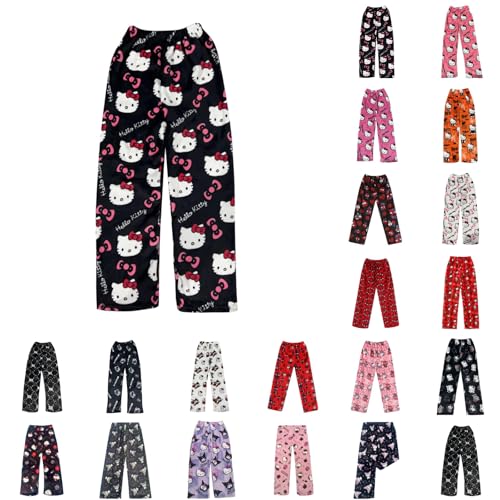 Pyjama Hose Damen Herren - Pyjamahose Damen Lang - Flanell Schlafanzughose Anime Cartoon Schlafhose Kawaii Bequeme Hose Kuschel Schlafanzug Hosen Frauen Herbst-Winter Schwarz Weiß XS-XXL