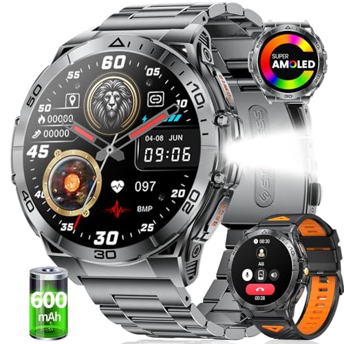 SUNKTA Smartwatch Herren-1.6‘’ AOD Großes Display/600 mAh Akku Sportuhr Herren mit Taschenlampe/120+ Sportmodi,5ATM Wasserdicht Fitnessuhr mit 24/7 Herzfrequenz,Schlafmonitor für Android iOS,2 Bänders