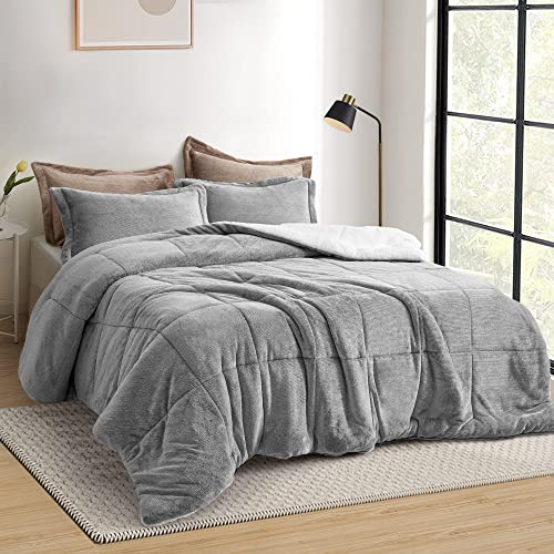 TILLYOU King Comforter Set, Grey Cationic Flannel Bedding Comforter Set