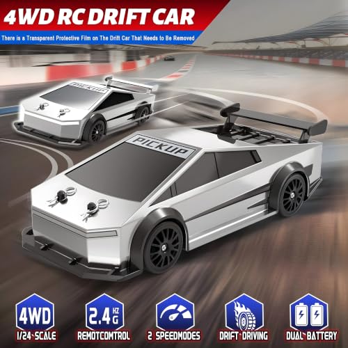 Image of Cable World Tasla 4WD Rechargable RC Drift Car for Kids | 2.4GHz High Speed Dual Motor Remote Control Car with Extra Drift & Racing Tires | PVC Unbreakable Body | LED Lights | 80+ Feet Range- Black