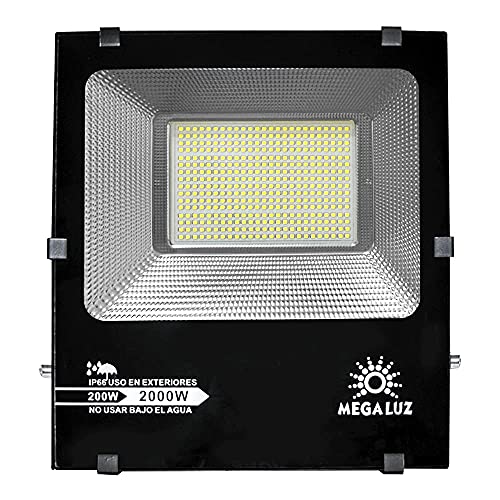 MEGALUZ R200W006 Reflector LED Exterior 200W, Resistente al Clima IP 66, Iluminación Equivalente a 2000W. Alta Eficiencia de Luz y Ahorro de Energía. Foco Slim para Exteriores. Incluye Base.