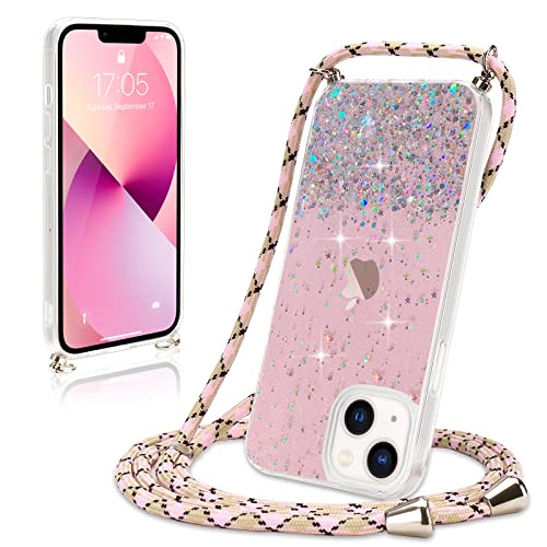 Wirvyuer Handykette Hülle für iPhone 13 Handyhülle mit Kordel Glitzer Schutzhülle mit Band zum Umhängen Halskette Silikon Case mit Schnur für iPhone 13 Rosa Cover