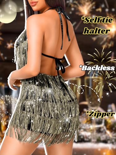 Image of Kaei&Shi Sequin Fringe Romper,Sparkly Glitter Metallic Jumpsuits For Women,Backless Shorts Dress Disco Birthday Dance Outfit